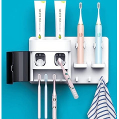 DENSAIL automātiskais zobu pastas dozators, pie sienas stiprināms zobu birstes turētājs ar putekļu necaurlaidīgu vāku un 2 zobu pastas spiedes, 2 elektrisko zobu birstes turētāji un 4 zobu birstes organizatora sloti