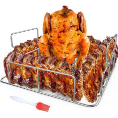 RUSFOL Beercan Chicken Roaster and Rib Rack with Silicone Oil Brush, Square Stainless Steel Grill Stand for Smokers, Oven and Grill, Cook up to 4 Ribs and a Whole Chicken at the same time.