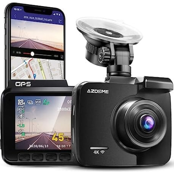 AZDOME automašīnas kamera ar 4K izšķirtspēju, WiFi Dash Cam GPS un cilpas ierakstīšana, Dash Cam ar 170° platleņķa objektīvu un nakts redzamību, Dash kamera ar G sensoru, parkošanās monitors un kustības noteikšana