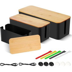 3 Pack Cable Management Box, Wire Organizer Box for Covering and Hiding Power Strips and Cables, Wooden Lids, Computer Under Desk, USB Hub System (L+M+S) (Black)