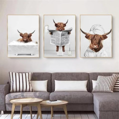Trayosin 3-daļīgs Premium plakātu komplekts, Funny Highland Cow Wall Art vannā, Dzīvnieku sienas mākslas izdrukas, Highland Cow Vannas audekla gleznas plakāts Ziemeļvalstu vannas istabas mājas dekors (50 x 70 cm)