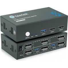 USB 3.0 KVM slēdzis DisplayPort Dual Monitor, 4K @ 60Hz USB 3.0, KVM Switch 2 Monitors, 2 PC 2 Monitor Switch, DP 1.2, 2 in 2 Out, Pogu slēdzis ar kabeli, Metāla apvalks