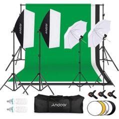 Andoer fotostudijas komplekts, 1,8 x 2,7 m fona atbalsta sistēma (zaļi melnbalta) ar Softbox, nepārtrauktu gaismu, baltu mīkstas gaismas lietussargu, atstarotāju portretiem, produktu fotografēšanai un video ierakstīšanai
