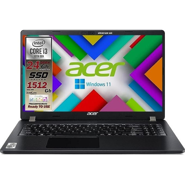 Acer Travelmate Intel i3 10th, 24 GB RAM, SSHD M.2 Pci 1512 GB, DISPLEJS 15.6 Full HD, USB, Wi-Fi, HDmi, aizmugurgaismota tastatūra, BT, Win 11 Pro, bezmaksas birojs, gatavs lietošanai, Garage Ita