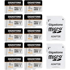 Gigastone MLC 8 GB 10 pack rūpnieciskā MicroSDXC karte ar adapteri, 85/15 MB/s 4K video ierakstīšana drošības kamerai, paneļa kamerai, U3 V30 C10 [5 gadu bezmaksas datu atkopšana]