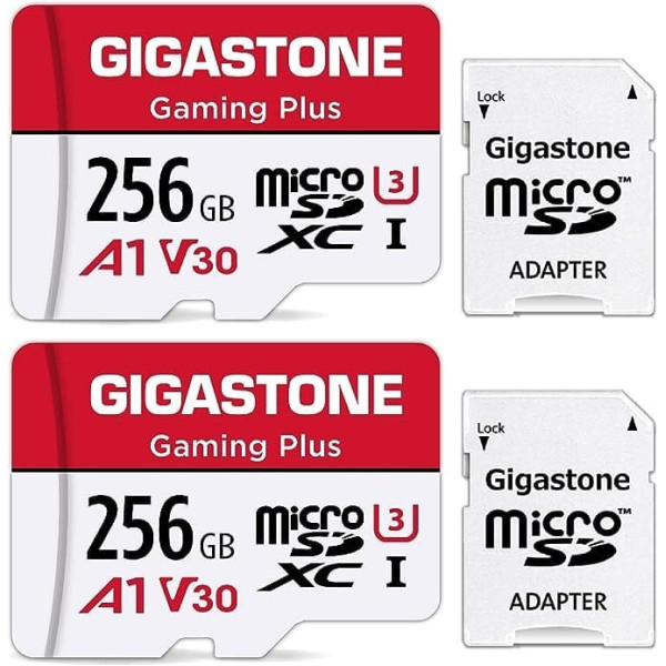 Gigastone Gaming Plus Micro SD Card 256GB Pack of 2 and SD Adapter, Compatible with Switch, SD Card up to 100/60 MB/s MicroSDXC Memory Card UHS-I A1 U3 V30 Class 10, 4K UHD Video Recording