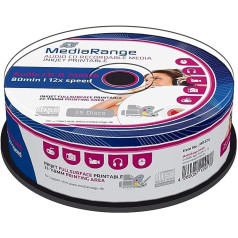 MediaRange audio CD-R 700 MB | 80 min 12 x rakstīšanas ātrums, drukājama uz visas virsmas (tintes printeris), kūku kaste ar 25