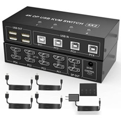 4 portu KVM slēdzis Divu monitoru displeja ports 4K 60 Hz, KVM slēdzis 2 monitori 4 dators ar 4 USB 2.0 centrmezglu, divu monitoru displeja porta KVM slēdža tastatūras peles pārslēdzējs