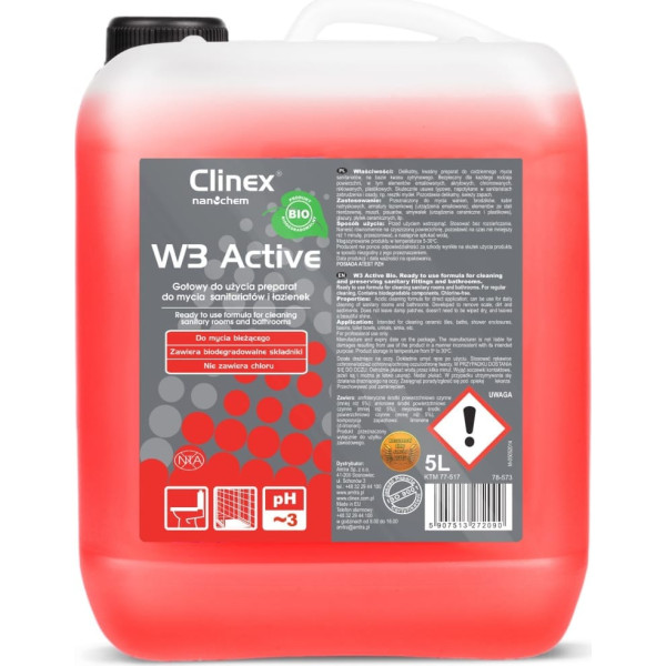 CLINEX W3 Active BIO 5L citronskābes mazgāšanas līdzeklis sanitārās un vannas istabas tīrīšanai