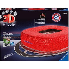 Ravensburger 3D Puzzle Alliance Arena naktī, FC Bayern Munich fanu raksts bērniem no 10 gadiem un pieaugušajiem, spīd tumsā.