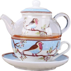 fanquare Blue Robin putnu un ziedu tēja vienam komplektam, keramikas tējas krūze un apakštase ar stikla tējkannu