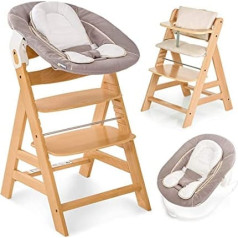 Hauck Alpha jaundzimušā komplekts - bērnu koka augstais krēsls, piemērots lietošanai no dzimšanas, ar noliekšanas funkciju, iesk. Jaundzimušā sēdekļa un augstā krēsla spilvens ar regulējamu augstumu - dabīgs bēšs
