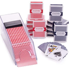 Blekdžeka pamatnoteikumu komplekts — iekļauta dīlera apavu un metienu paplāte un 12 klāji ar plastmasas pārklājumu spēļu kārtīm (6 sarkanas, 6 zilas) kazino stila kāršu spēle azartspēlēm un ģimenes spēļu vakaram