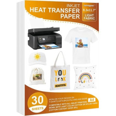 30 Sheets Heat Transfer Paper for White and Bright Fabric, 8.3 x 11.7 Inch Iron On Transfer Paper for T-Shirt for Any Inkjet Printer, Washable, No Crack, No Fade