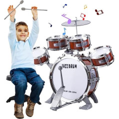 Children's Drum Kit Musical Instruments Set Bass 5 Drums 1 Cymbal 1 Stool 2 Drumsticks Jazz Rock Drum Set Children's Birthday Christmas Ideal Gift for Children from 3 Years Metallic Red