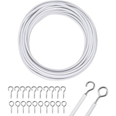 Kissral Curtain Wire, White, 10 m Curtain Wire, Cord, Curtain Cord, Plastic Coated Curtain Rope, Curtain Ropes with 10 Screw Eyelets and 10 Hooks for Curtains, Shower Curtains, Curtain Rods