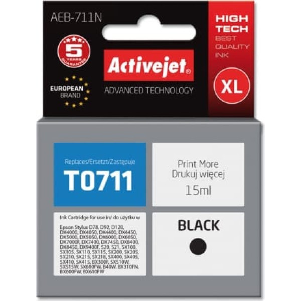 Activejet aeb-711n tinte (aizvietotājs epson t0711, t0891, t1001; supreme; 15 ml; melna)