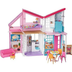 Barbie FXG57 Malibu House Leļļu māja, 60 cm plata ar 25 piederumiem, Leļļu rotaļlieta no 3 gadiem