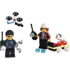 LEGO City mini figūriņas kombinācija — policijas ceļvedis ar vācu aitu un ugunsdzēsēju ar uguns liesmu