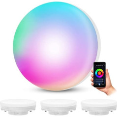 SSC-LUXon iepakojums, kurā ir 4 viedās mājas WiFi LED lampas GX53, aptumšojamas ar RGB un baltiem toņiem — spuldzes ir saderīgas ar Alexa, Siri un Google