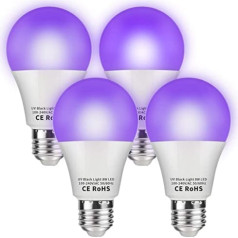 dystaval Pack of 4 LED melnas gaismas spuldzes, E27 UV spuldzes, 10 W kvēlspuldzes, 385-400 nm UVA apgaismojums, ballīšu gaisma, neona krāsas Helovīna ballītei, diskotēkas bārs, korpuss, melna spuldze