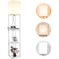 BBHome modernā grīdas lampa ar plauktu, kas izgatavots no koka un metāla, 3 krāsu temperatūras, 2 USB uzlādes pieslēgvietas un 1 atvilktne, aptumšojama LED grīdas lampa viesistabai, guļamistaba, balta (ar spuldzi)