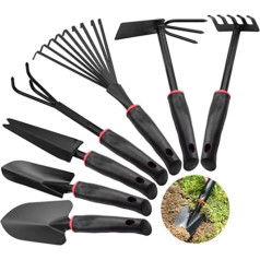 7 Piece Garden Tools, Carbon Steel Garden Tool Set with Weed Kniper, Double Hoe, Hand Rake, Small Rubber, Flower Rake, Garden Trowel for Plants and Gardening
