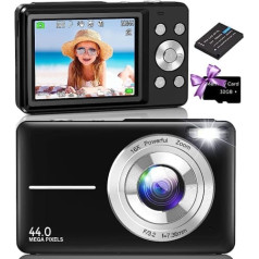 Digitālā kamera, Amdeurdi Kinderkamera ar 32 G karti, 44 MP fotokamera, 1080P FHD fotoaparāts, video reģistrēšanas kamera Tragbare kompaktkamera ar LCD 16 X Digitalzoom für Kinder, Teenager, Anfänger-Schwarz