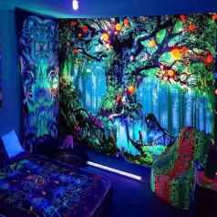 Simpkeely Blacklight Tree Fantasy Forest Fairy Gobelēns Natural Magic Elves sienas piekarināmais Trippy UV reaktīvais gobelēns guļamistabai - 180cm x 230cm