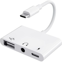 【Trīs vienā】 Adapteris no USB C līdz 3 5 ligzdas austiņām ar lādētāju OTG USB adapteri, C tipa līdz Aux audio austiņu ligzdas spraudņa sadalītājam Samsung Galaxy S22/S21/S20 i-Pad Pro Air Pixel 6/5/4 (balts)