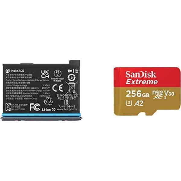 Insta360 X3 Original Replacement Battery (1800mAh) & SanDisk Extreme microSDXC UHS-I Memory Card 256GB + Adapter (For Smartphones, Action Cameras and Drones, A2, C10, V30, U3, 190MB/s)