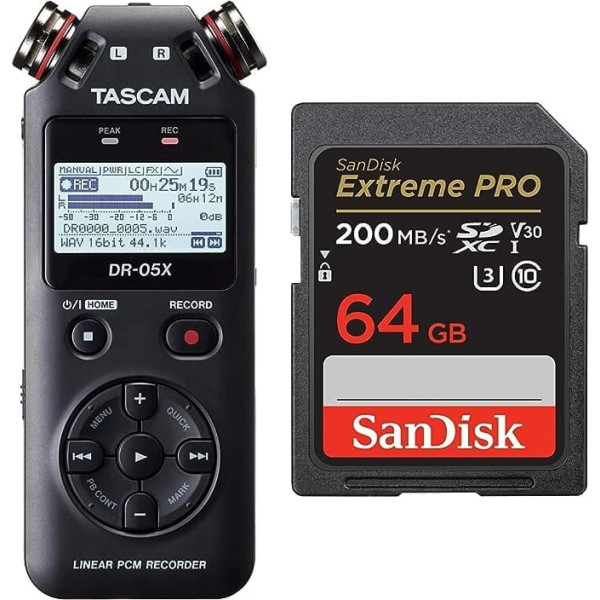 Tascam DR-05X Tragbarer Audio-Recorder & SanDisk Extreme PRO SDXC UHS-I Speicherkarte 64 GB