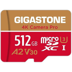 Gigastone 4K Camera Pro 512GB MicroSDXC atmiņas karte un SD adapteris, savietojams ar GoPro Drone Switch, ātrums 100MB/s, A2 U3 V30 Micro SD karte