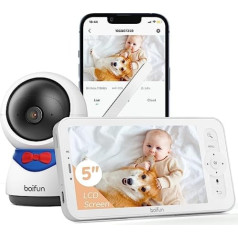 BOIFUN mazuļu monitors ar kameras lietotni, automātiska AI izsekošana, zonas trauksmes, 1080P HD, PT 350°/55°, 4x tālummaiņa, 5 collu LCD displejs mazuļu monitors, kustību/trokšņu noteikšana