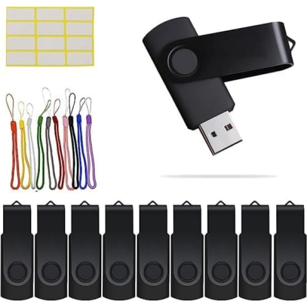 Uflatek USB Stick Flash Drive USB 2.0 Memory Stick Pack of 10 Metal Flash Drive Rotate Memory Stick Black Thumb Drive External Data Storage with Lanyard