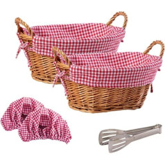 eGenuss 1 set of woven bread baskets, wicker baskets with side handles and removable fabric lining (with 1 bread clip), set of 2 baskets 32 x 23 x 13 cm, chequered pattern red and white