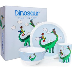 Kiz Designs Dinozauru galda piederumu komplekts bērniem ar šķīvi, krūzīti, bļodu, krāsains ilustrēts ar supervaroņu meitenēm un zēniem, lielāks izmērs, izturīgs, mazgājams trauku mašīnā, melamīna plastmasa