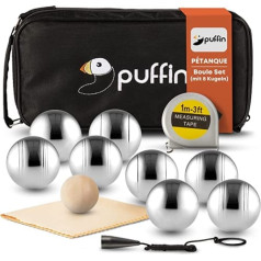 Puffin Boule Set - Petanque Set | Boule spēle ar 8 metāla bumbiņām un piederumiem | Āra rotaļlieta visai ģimenei | Pludmales spēle bērniem un pieaugušajiem