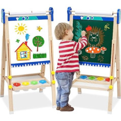NUKied molberts bērniem, koka regulējams, stāvošs molberts, divpusējs zīmēšanas molberts ar papīra ruļļa magnētisko tāfeli un tāfeli bērniem maziem bērniem
