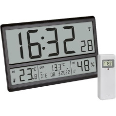 TFA Dostmann Digital XL Wall Clock, 60.4523.01, with Outdoor Temperature and Indoor Climate, Radio-Controlled Clock, 24h Display, Full Date, Black, (L) 360 x (W) 235 x (H) 28 (84) mm