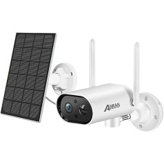 ANRAN 2K āra novērošanas kamera WiFi ar saules paneli, 180 grādos grozāma WLAN IP kamera ar mobilā tālruņa lietotnes vadību, PIR kustības sensors, divvirzienu audio, 15 m nakts redzamība, atbalstīts Alexa, S02 balts