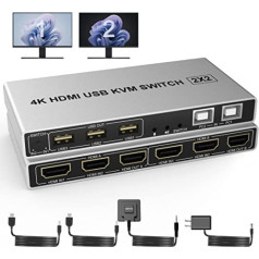 Yeemie Pro Divu monitoru KVM slēdzis HDMI 2 ports, 4K @ 60 Hz paplašināts displejs 2 monitori 2 datora KVM slēdzis ar 3 USB portiem un audio mikrofona izvadi, datora monitora tastatūras peles printera pārslēdzējs