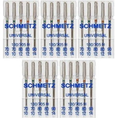 25 Schmetz universālās šujmašīnas adatas 130/705H 15x1H izmēri 70/10, 80/12, 90/14, ierobežots izdevums