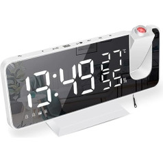 Alarm Clock with Projection, Radio Alarm Clock, Digital Projection Alarm Clock with USB Port, 7.5 Inch Mirror LED Display, Snooze Dual Alarm, FM Radio, 4 Display Brightness with Automatic Dimming Function (White)