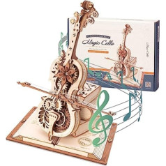 RoWood 3D Puzzle Magic Cello Koka mūzikas kaste ar pārnesumu piedziņu, DIY koka puzles modeļu komplekts amatniecības komplekti, dāvana pieaugušajiem un pusaudžiem