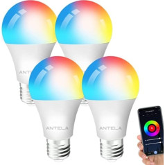 ANTELA viedā WLAN spuldze E27, 10 W LED daudzkrāsaina aptumšojama spuldze, lietotņu vadība saderīga ar Alexa, Google Home, nav nepieciešams centrmezgls, 4 gab. iepakojums