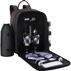 ALLCAMP OUTDOOR GEAR 2 Person Picnic Backpack Set with Detachable Bottle/Wine Holder, Fleece Blanket, Plate and Cutlery Set (Black)