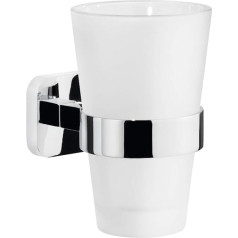 tesa ELEGAANT Toothbrush Cup with Holder - Frosted Glass Tumbler with Chrome-Plated Wall Mount - for Wall Mounting without Drilling - 119 mm x 79 mm x 124 mm