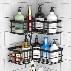 Yazoni Corner Shower Caddy 2 pack bez urbšanas dušas organizatora stūra plaukts vannas istabas vannai Nerūsējošā tērauda dušas kabīnes stūra plaukts ar 8 āķiem un 6 līmvielām (melns)