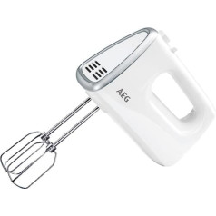 AEG HM 3330 Hand Mixer / 5 Variable Speed Levels / Turbo Function for Maximum Performance / Eject Button / 2 Whisks and 2 Dough Hooks Dishwasher Safe / 450 Watt / 1 m Cable / White / Silver